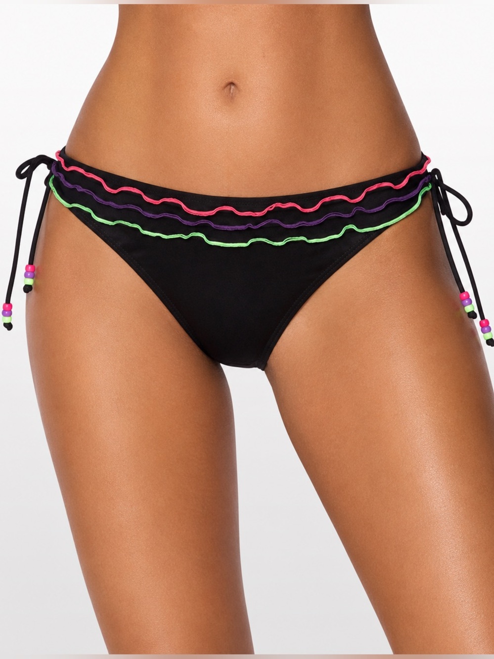 Black Bikini Bottom Pink Green Ruffle Trim Side Tie Beaded Women’s M